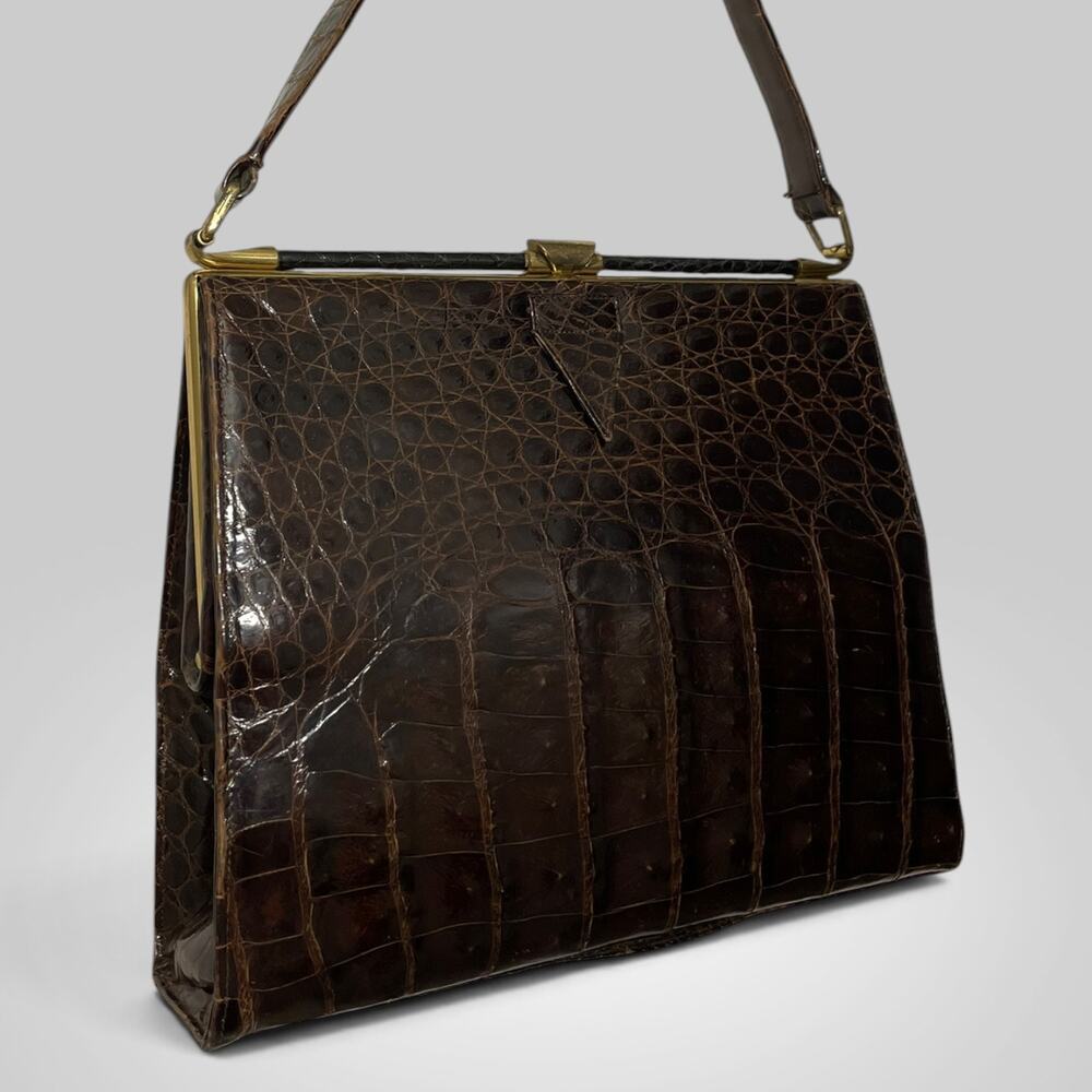 Vintage 1940s-50s Deitsch Brown Alligator Leather Structured Frame Handbag Purse